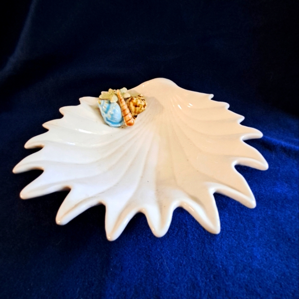 Vintage Ceramic Clam Shell Dish with Applied Ceramic Seashells